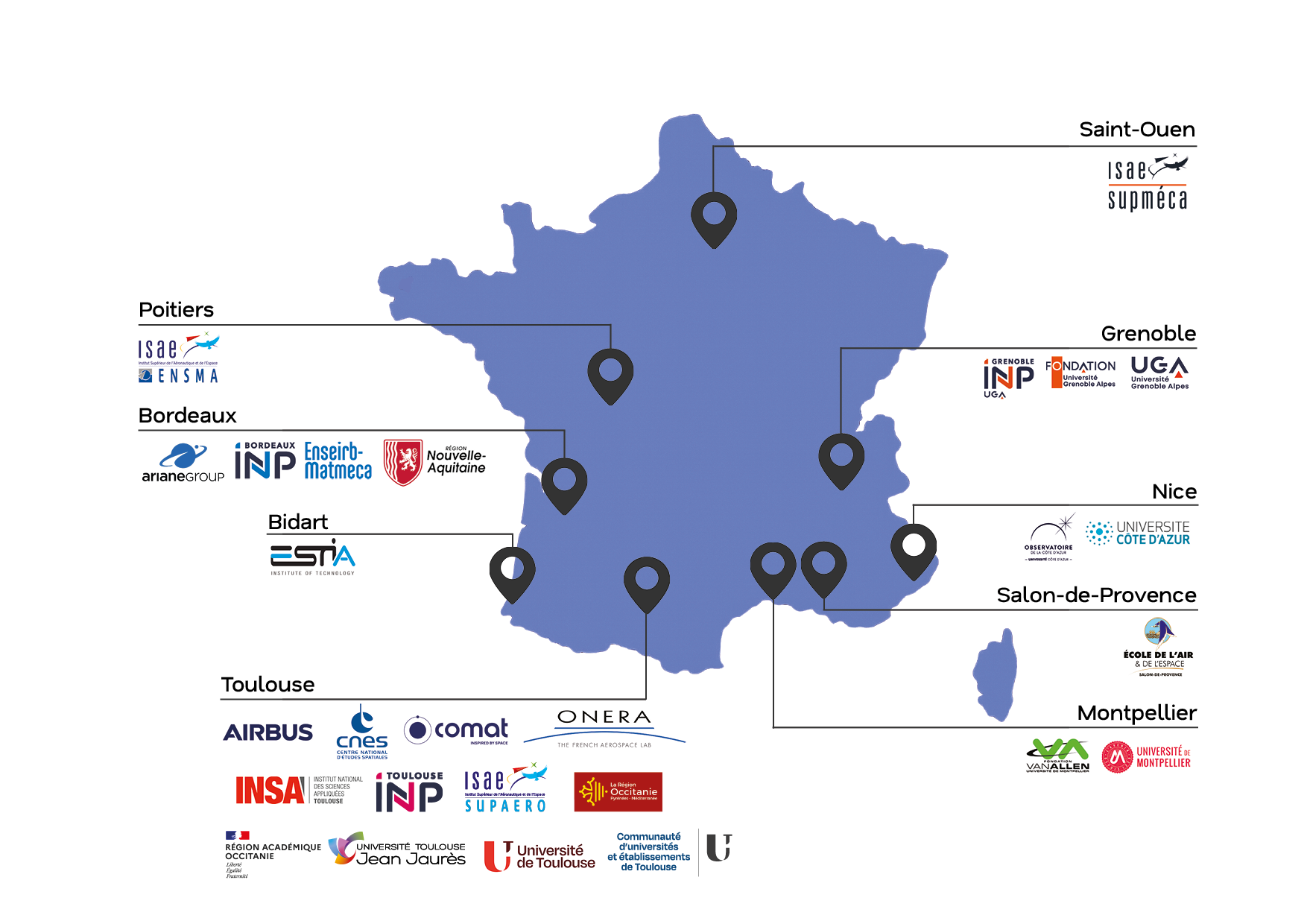 Carte de France des partenaires Cometes : INP, Isae, airbus, Université